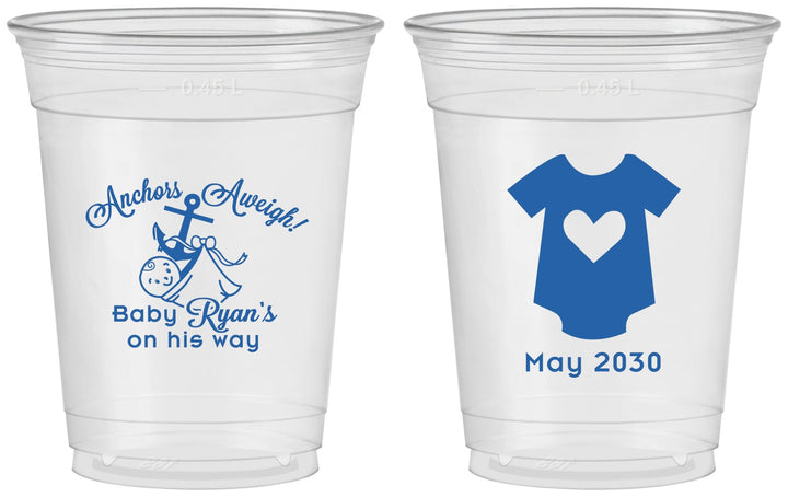 Custom Baby Shower 16 oz Soft Sided Clear Cups - Nautical Anchors Aweigh | 90083
