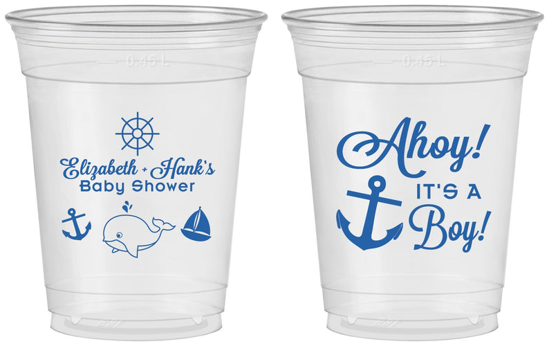 Custom Baby Shower 16 oz Soft Sided Clear Cups - Nautical Ahoy It’s A Boy | 90093