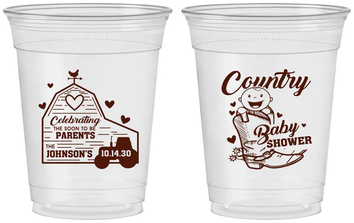 Custom Baby Shower 16 oz Soft Sided Clear Cups - Farm Tractor Country | 90102