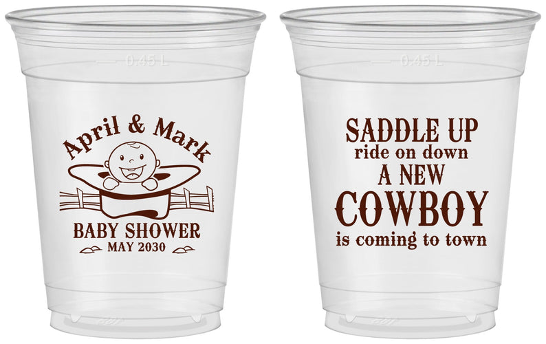 Custom Baby Shower 16 oz Soft Sided Clear Cups - New Cowboy | 90104