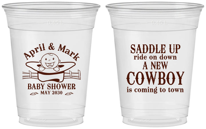 Custom Baby Shower 16 oz Soft Sided Clear Cups - New Cowboy | 90104