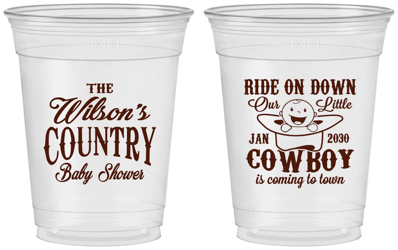 Custom Baby Shower 16 oz Soft Sided Clear Cups - Cowboy Coming To Town | 90105