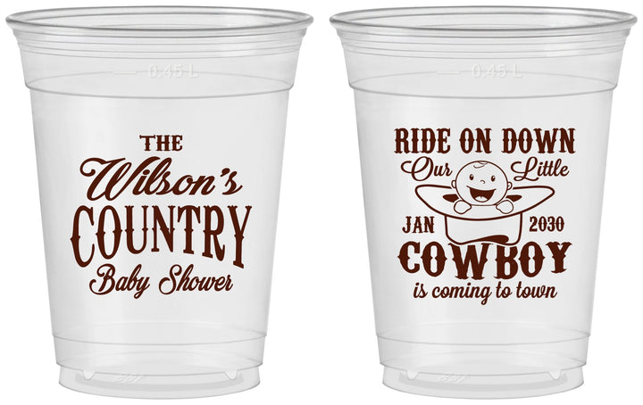 Custom Baby Shower 16 oz Soft Sided Clear Cups - Cowboy Coming To Town | 90105