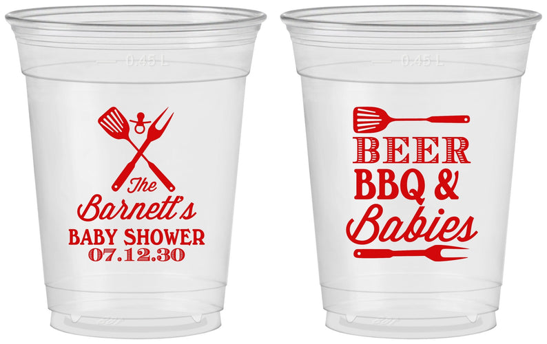 Custom Baby Shower 16 oz Soft Sided Clear Cups - Beers Bbq Babies | 90113