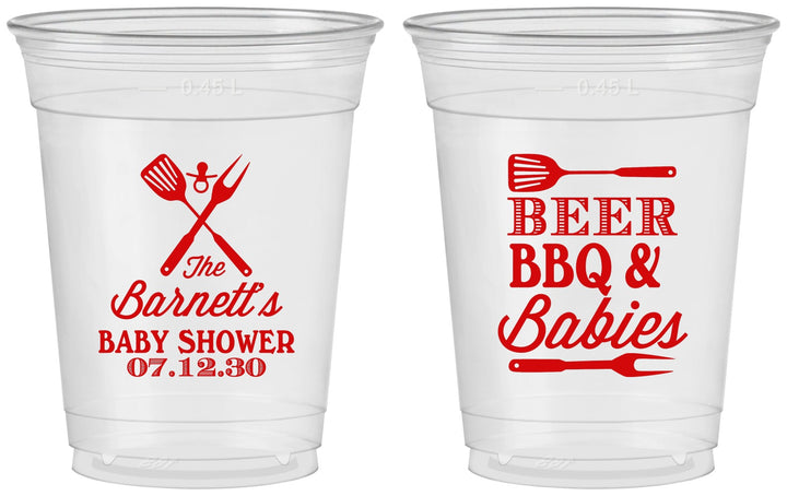 Custom Baby Shower 16 oz Soft Sided Clear Cups - Beers Bbq Babies | 90113
