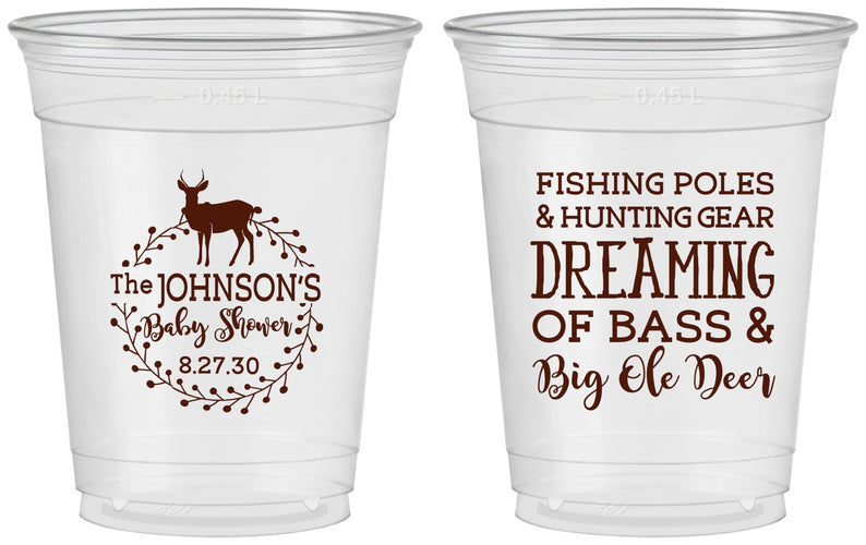 Custom Baby Shower 16 oz Soft Sided Clear Cups - Fishing Hunting | 90119
