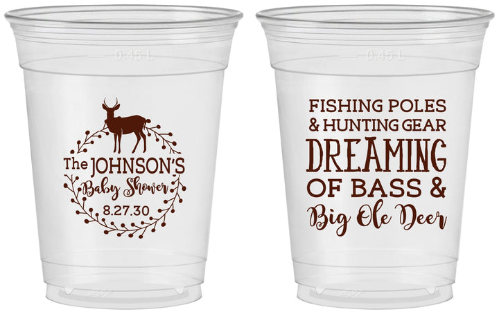 Custom Baby Shower 16 oz Soft Sided Clear Cups - Fishing Hunting | 90119