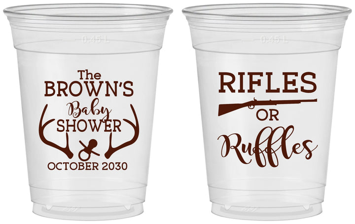 Custom Baby Shower 16 oz Soft Sided Clear Cups - Rifles Or Ruffles | 90122