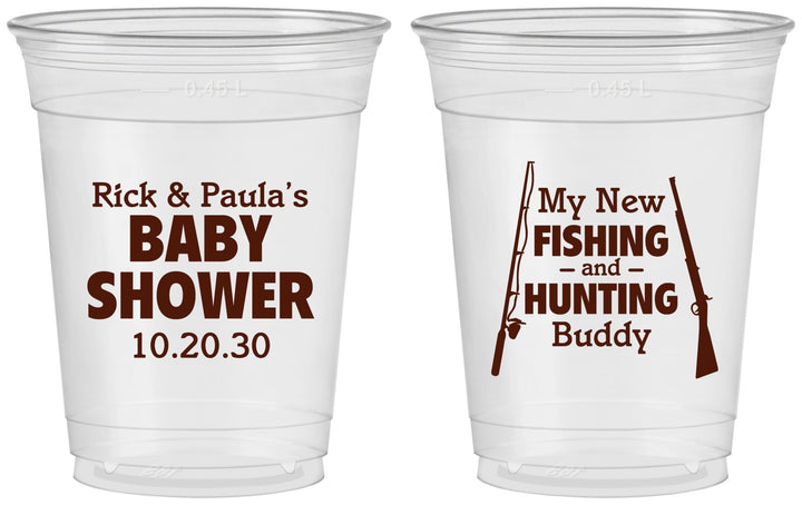 Custom Baby Shower 16 oz Soft Sided Clear Cups - Fishing Hunting | 90126
