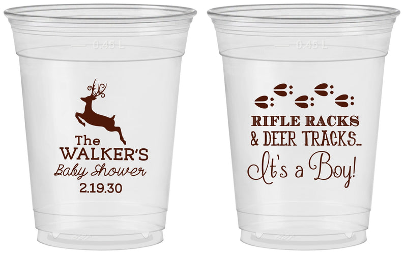 Custom Baby Shower 16 oz Soft Sided Clear Cups - Rifle Racks Deer Tracks | 90128