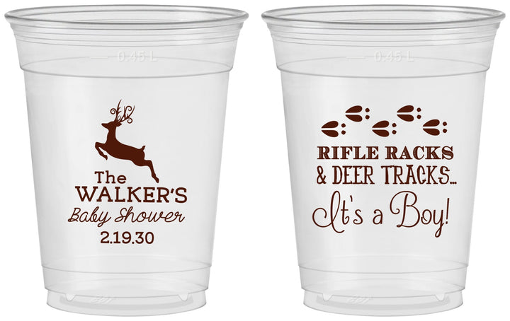 Custom Baby Shower 16 oz Soft Sided Clear Cups - Rifle Racks Deer Tracks | 90128