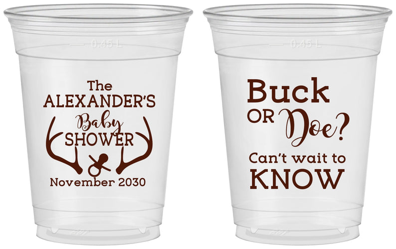 Custom Baby Shower 16 oz Soft Sided Clear Cups - Gender Reveal Buck Or Doe | 90131