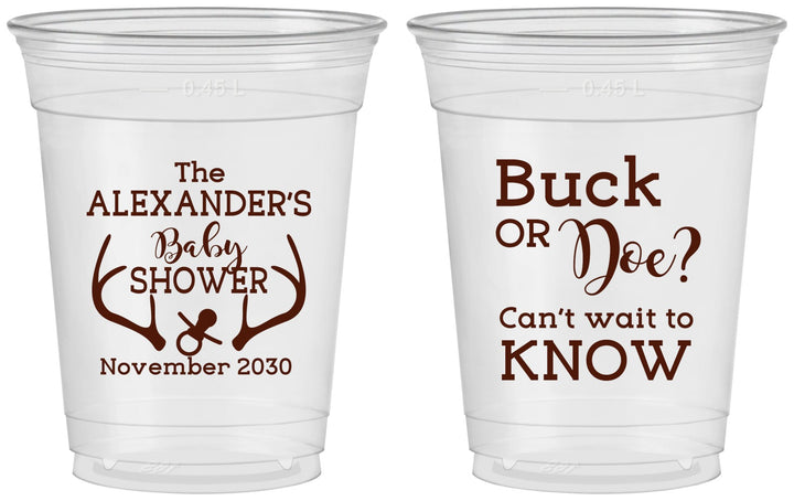 Custom Baby Shower 16 oz Soft Sided Clear Cups - Gender Reveal Buck Or Doe | 90131