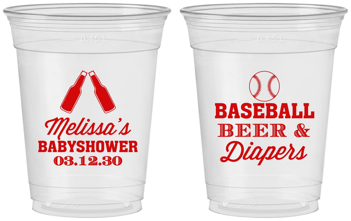Custom Baby Shower 16 oz Soft Sided Clear Cups - Baseball Beer Diapers | 90132