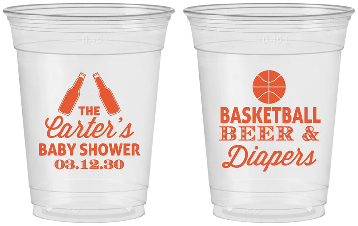 Custom Baby Shower 16 oz Soft Sided Clear Cups - Basketball Beer Diapers | 90133