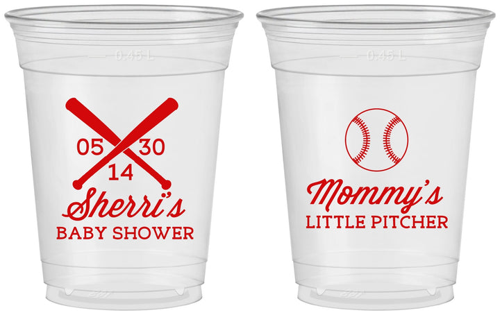 Custom Baby Shower 16 oz Soft Sided Clear Cups - Baseball Little Pitcher | 90137