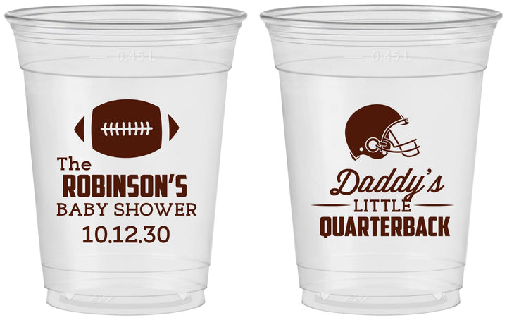 Custom Baby Shower 16 oz Soft Sided Clear Cups - Football Little Quarterback | 90138