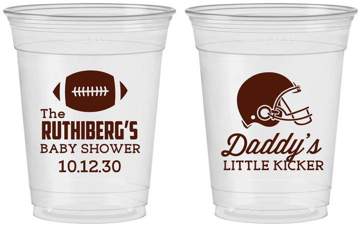 Custom Baby Shower 16 oz Soft Sided Clear Cups - Football Little Kicker | 90139