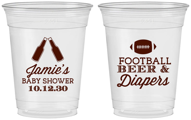 Custom Baby Shower 16 oz Soft Sided Clear Cups - Football Beer Diapers | 90148