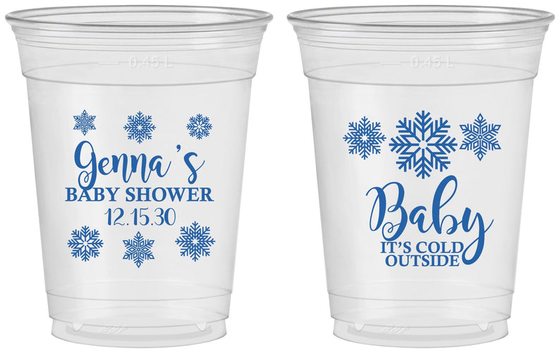 Custom Baby Shower 16 oz Soft Sided Clear Cups - Christmas Snowflakes | 90192