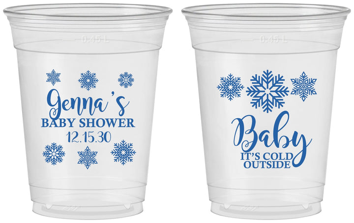 Custom Baby Shower 16 oz Soft Sided Clear Cups - Christmas Snowflakes | 90192