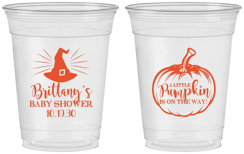 Custom Baby Shower 16 oz Soft Sided Clear Cups - Little Pumpkin Halloween | 90196