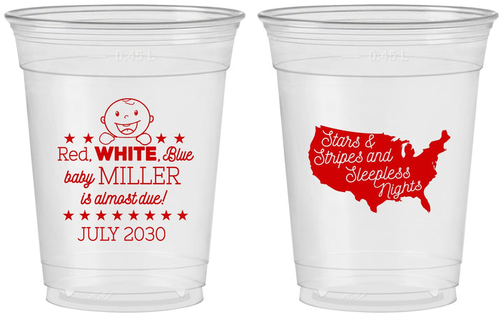 Custom Baby Shower 16 oz Soft Sided Clear Cups - Red White Blue | 90197