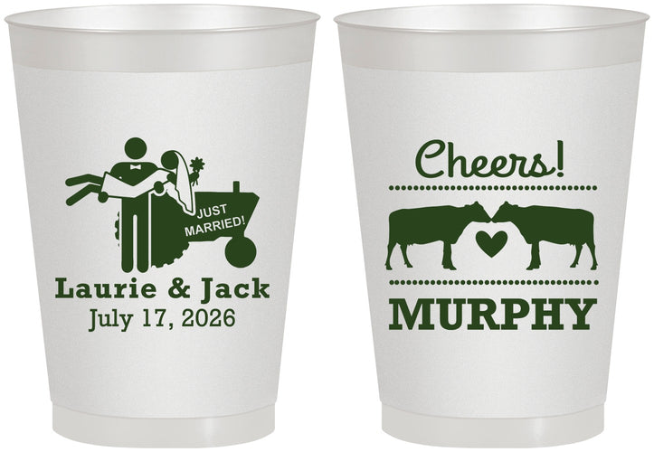 Personalized Wedding 8 oz Frosted Cups - Tractor Cows | 257