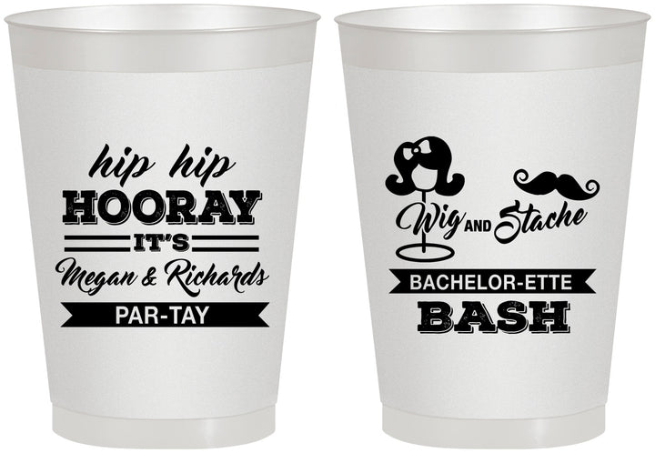 Personalized Bachelor Party 8 oz Frosted Cups - Wig Or Stache | 40058
