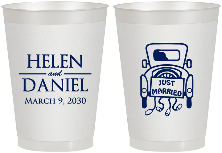 Personalized Wedding 8 oz Frosted Cups - Just Married Old Car | 413
