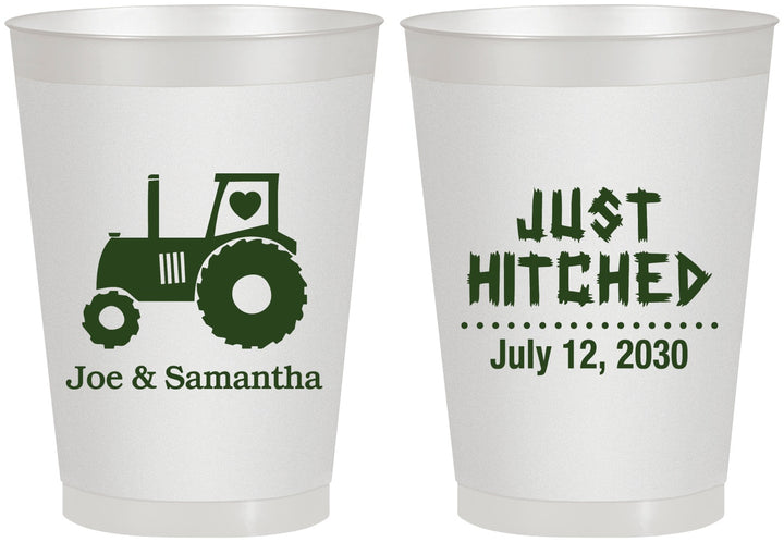 Personalized Wedding 8 oz Frosted Cups - Just Hitched Tractor | 429