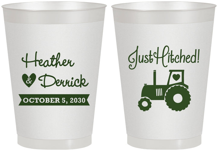 Personalized Wedding 8 oz Frosted Cups - Just Hitched Tractor | 482