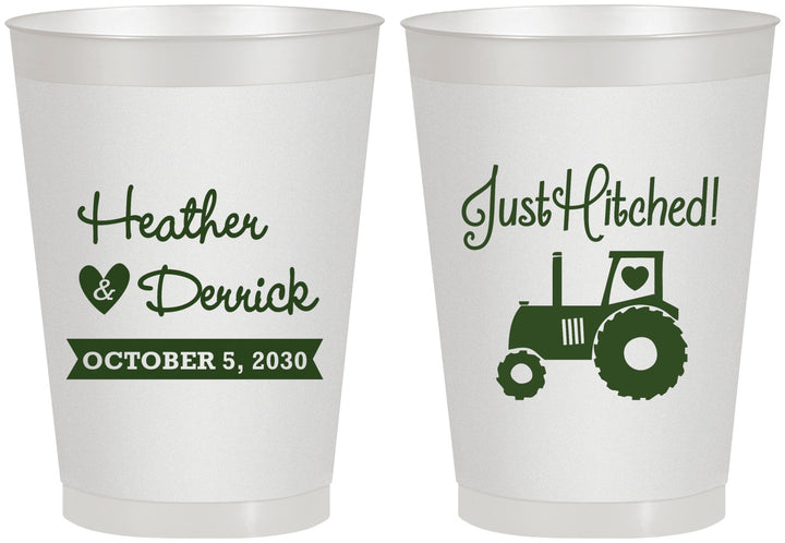 Personalized Wedding 8 oz Frosted Cups - Just Hitched Tractor | 482