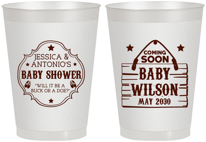 Personalized Baby Shower 8 oz Frosted Cups - Gender Reveal Buck Or Doe | 90002