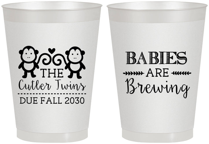 Personalized Baby Shower 8 oz Frosted Cups - Twins Baby Monkeys | 90068