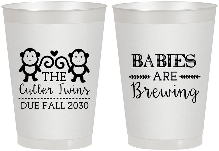 Personalized Baby Shower 8 oz Frosted Cups - Twins Baby Monkeys | 90068