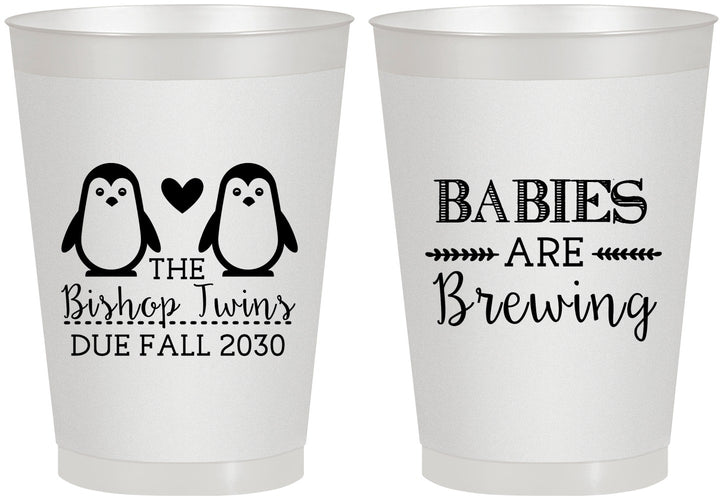 Personalized Baby Shower 8 oz Frosted Cups - Twins Baby Penguins | 90070