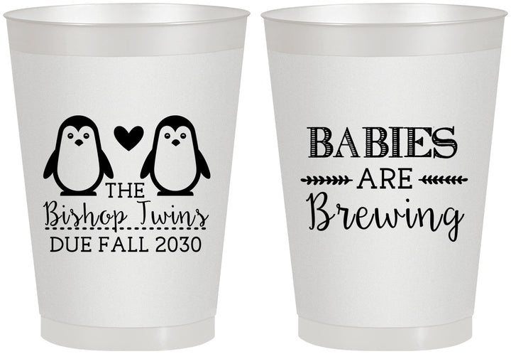 Personalized Baby Shower 8 oz Frosted Cups - Twins Baby Penguins | 90070