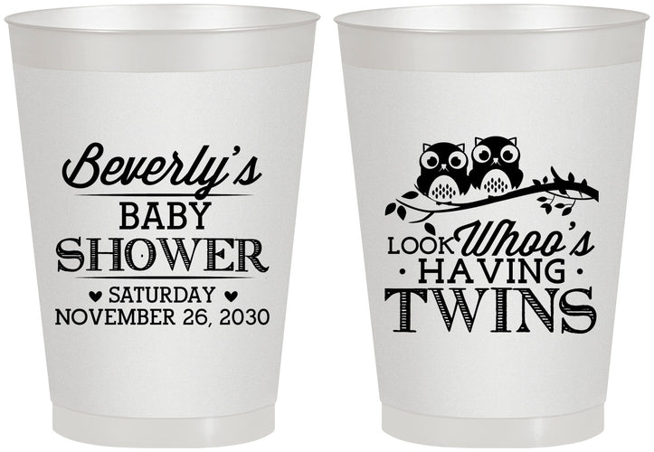 Personalized Baby Shower 8 oz Frosted Cups - Twins Baby Owls | 90074