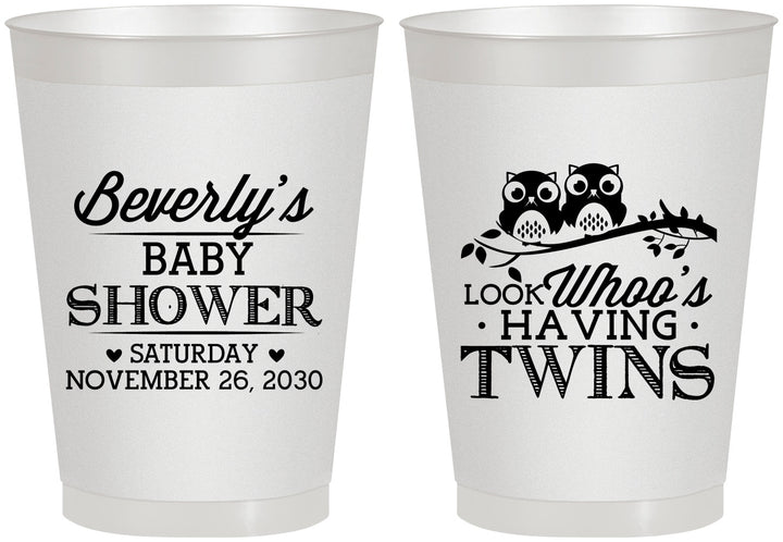 Personalized Baby Shower 8 oz Frosted Cups - Twins Baby Owls | 90074
