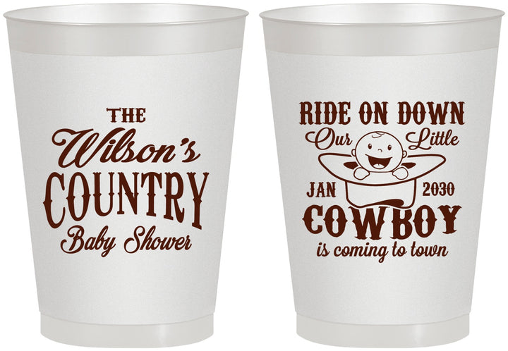 Personalized Baby Shower 8 oz Frosted Cups - Cowboy Coming To Town | 90105