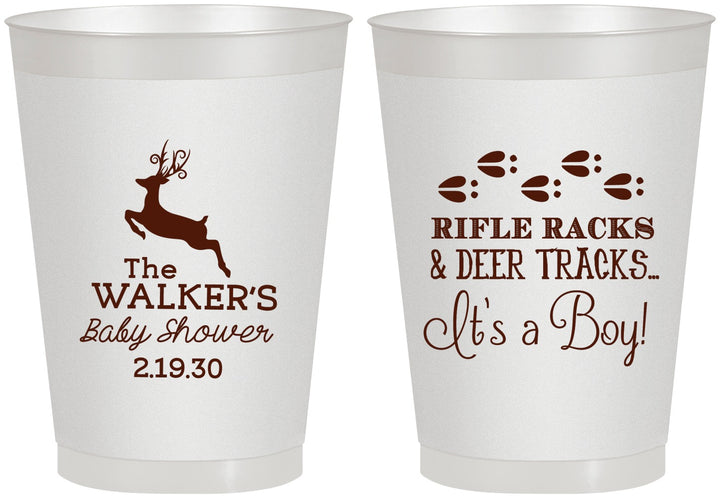 Personalized Baby Shower 8 oz Frosted Cups - Rifle Racks Deer Tracks | 90128