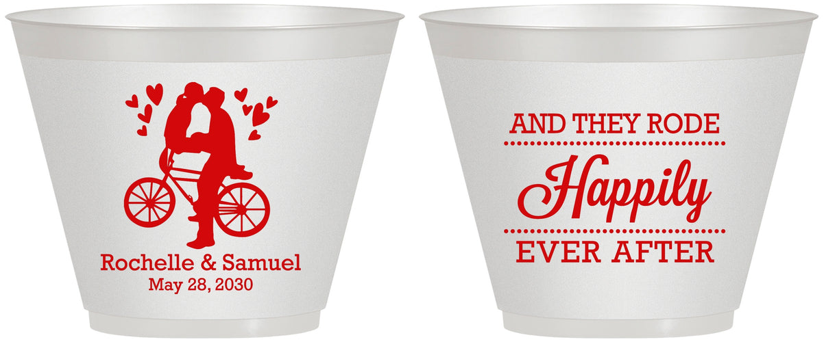 Custom Wedding 9 oz Wine Frosted Cups - Happily Ever After Bicycle | 201