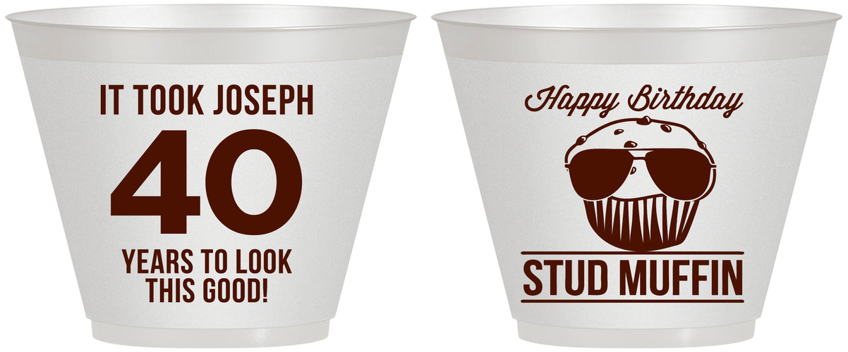 Custom Birthday 9 oz Wine Frosted Cups - 40th Stud Muffin | 20183