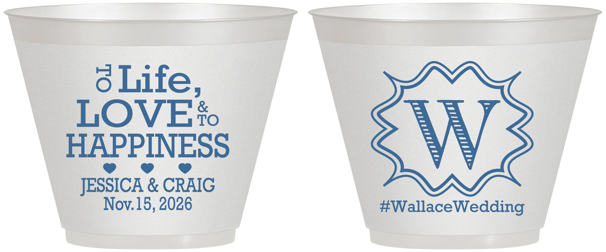 Custom Wedding 9 oz Wine Frosted Cups - Life Love Happiness | 248