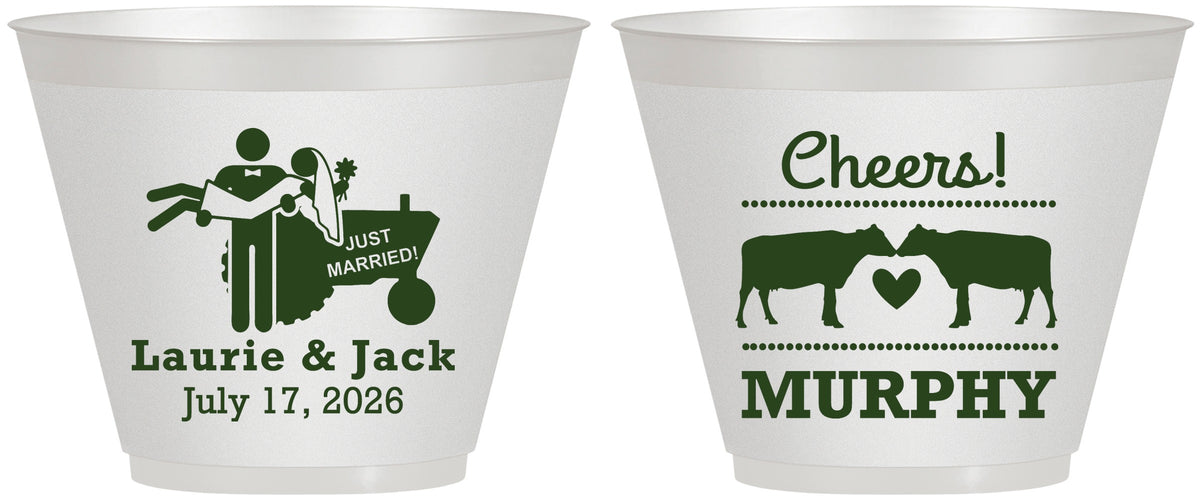 Custom Wedding 9 oz Wine Frosted Cups - Tractor Cows | 257
