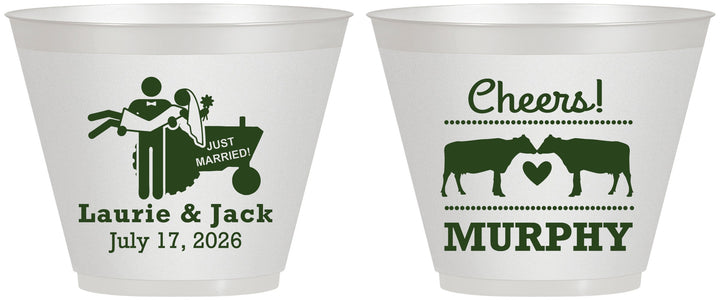 Custom Wedding 9 oz Wine Frosted Cups - Tractor Cows | 257