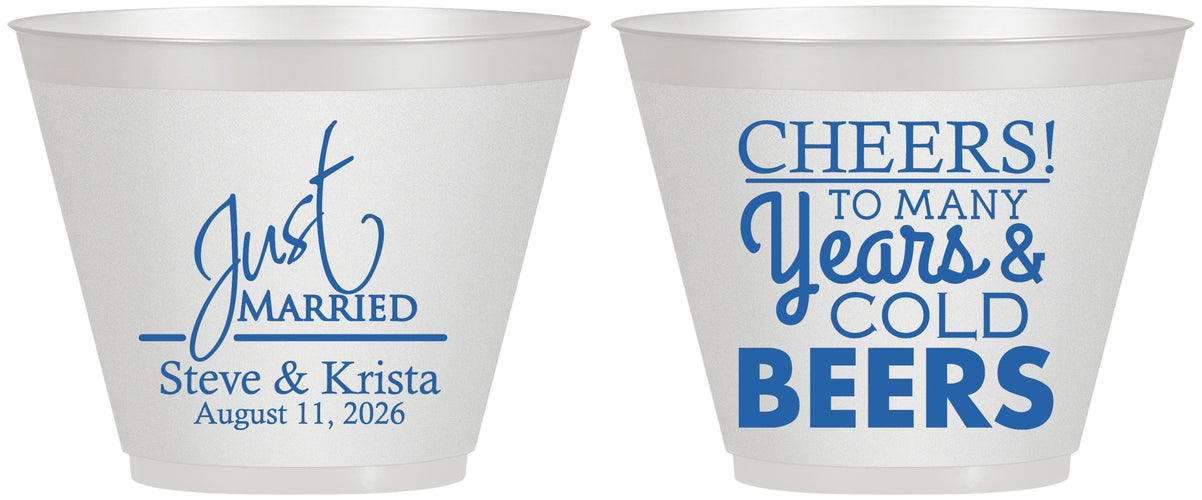 Custom Wedding 9 oz Wine Frosted Cups - Cheers Years Cold Beers | 274