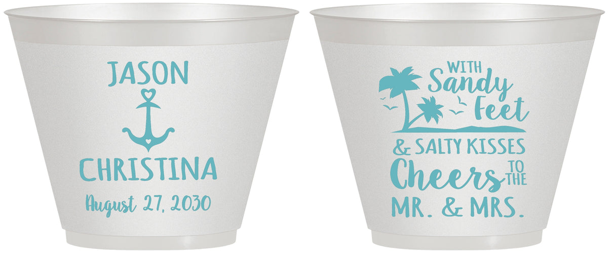Custom Wedding 9 oz Wine Frosted Cups - Sandy Feet Salty Kisses | 290