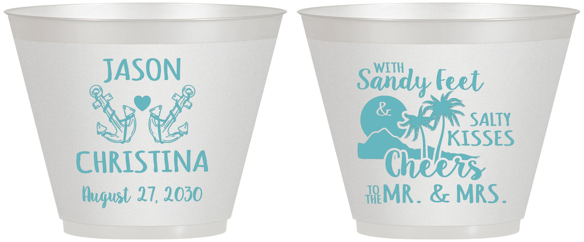 Custom Wedding 9 oz Wine Frosted Cups - Sandy Feet Salty Kisses | 291